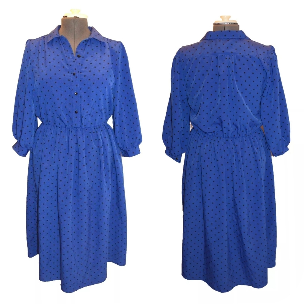 Sabino Vintage 80s Blue Long Sleeve USA Made Polka Dot Dress size 12